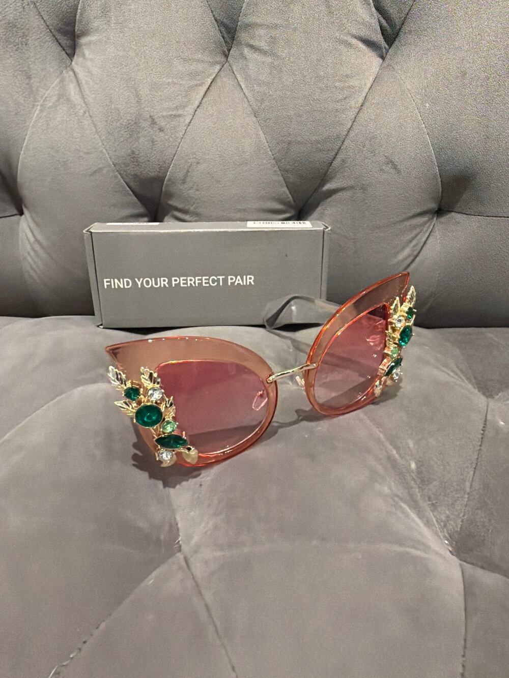 Baroque Crystal Cat Eye Sunglasses Peach Pink Emerald Green Rhinestone S660 NIB